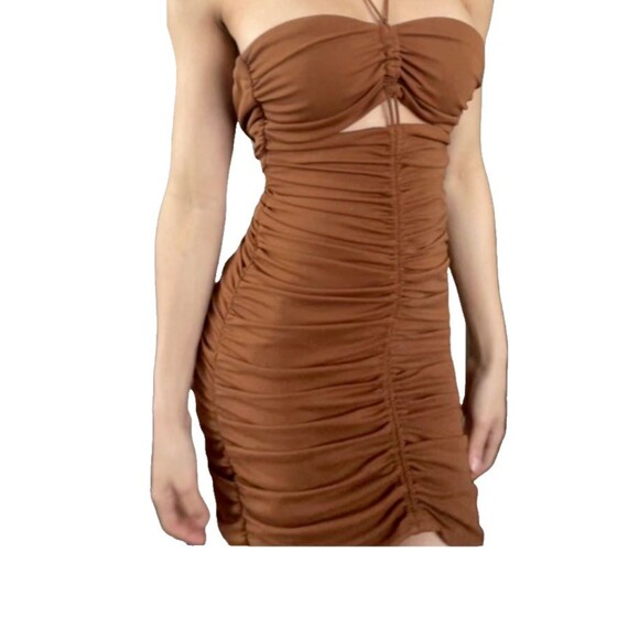 Zara Brown Womens XXL Mini Dress Ruched Draped Textured Strappy Halterneck - Picture 2 of 7